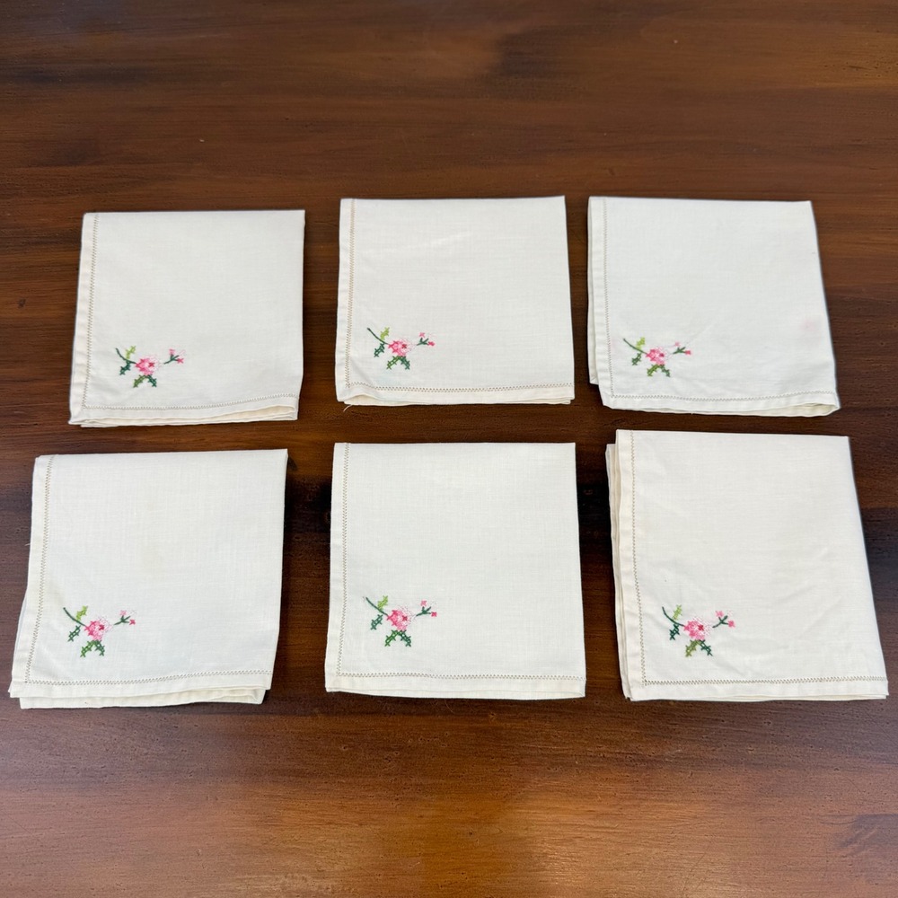 Vintage Hand Embroidered Floral Linen Cocktail Napkins Hemstitch Set of 6 Cream - Picture 4 of 7